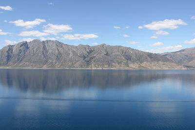 Scenic view of lake by mountains against sky