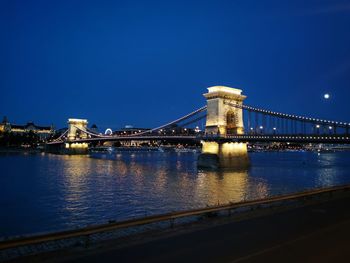 Suspension bridge over river against blue sky