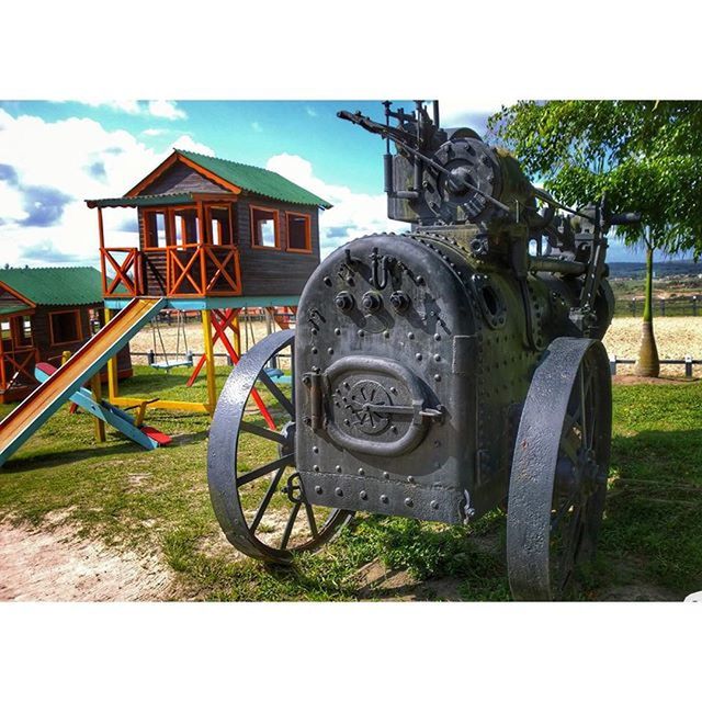 transfer print, building exterior, architecture, built structure, old, sky, land vehicle, transportation, auto post production filter, grass, abandoned, mode of transport, obsolete, field, damaged, house, run-down, day, deterioration, outdoors