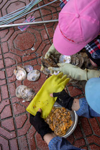 High angle view of person preparing food