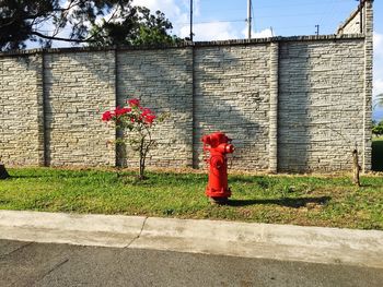 Red fire hydrant against sky