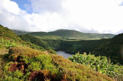 Scenic view of lake and mountains against sky