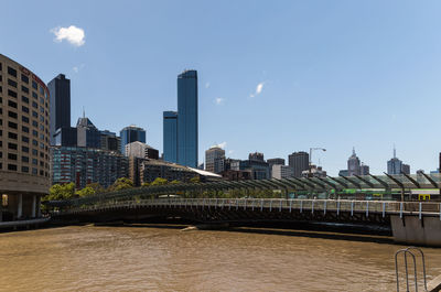 Bridge over river by buildings against sky in city