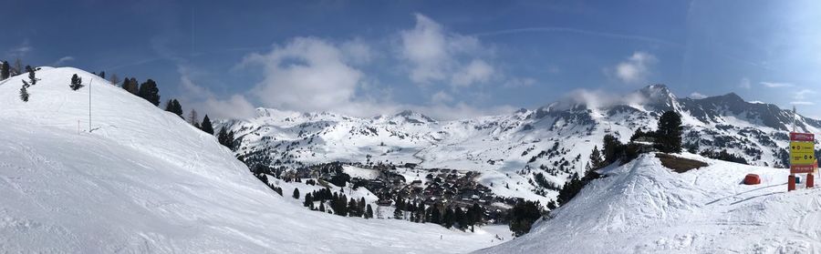 Panoramic view of snowcapped mountains against sky