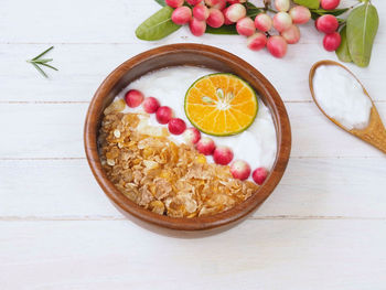 High angle view of breakfast on table
