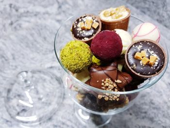 High angle view of ice cream in bowl on table