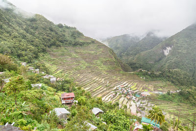 High angle view of agricultural landscape against sky