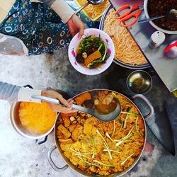 High angle view of food served on table