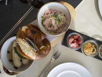 High angle view of food served on table