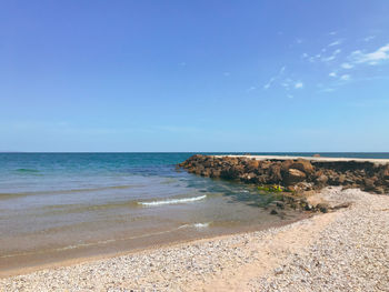 Scenic view of sea against blue sky