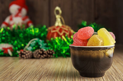 Close-up of fruits in bowl on table