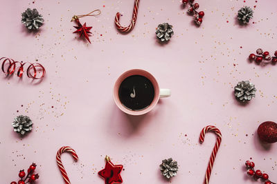 High angle view of coffee cup on table