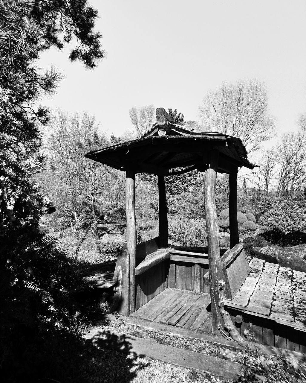 tree, plant, nature, sky, architecture, day, built structure, no people, wood - material, land, outdoors, tranquility, staircase, gazebo, clear sky, forest, tranquil scene, scenics - nature, field, building exterior