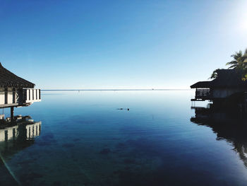 Scenic view of swimming pool by building against clear sky