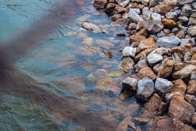 High angle view of stones in sea