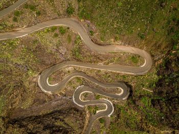 High angle view of winding road on landscape