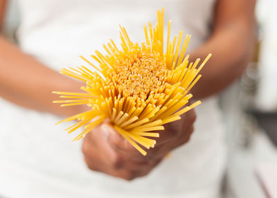 Close-up of hand holding yellow flower