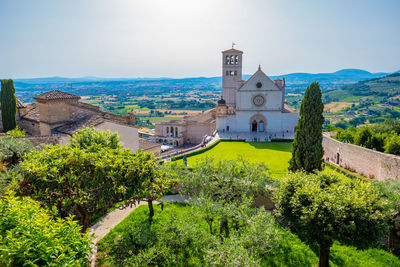 The wonderful basilica of st. francis in assisi, italy, the meadow in front of it and olive trees