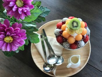 High angle view of fruits in bowl on table