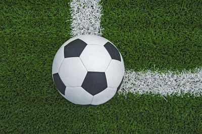 High angle view of soccer ball on field