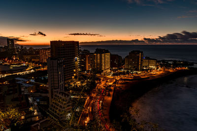 High angle view of city at sunset