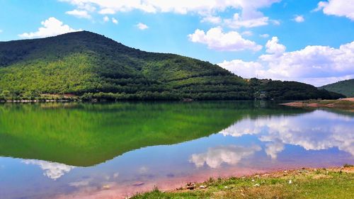 Scenic view of lake against cloudy sky