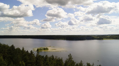 Scenic view of lake against cloudy sky