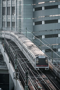 High angle view of train at railroad station