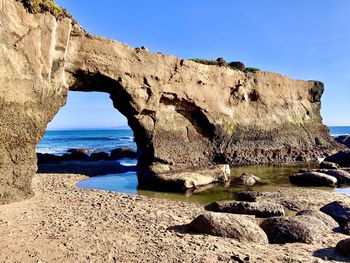 Rock formations by sea against clear blue sky