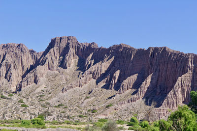 Panoramic view of mountains against clear blue sky