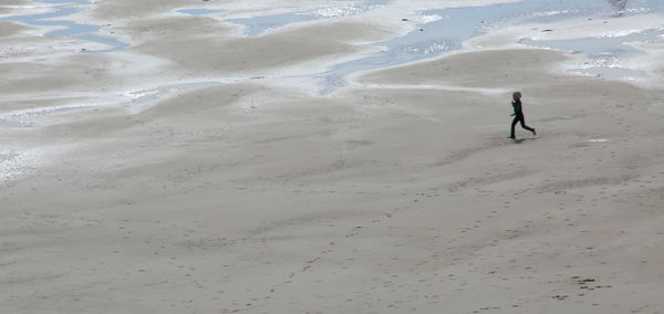 High angle view of man walking on beach