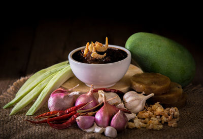Close-up of fruits served on table