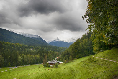 Scenic view of green landscape and mountains against sky