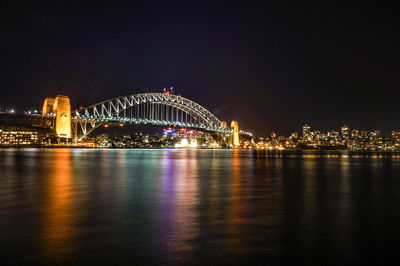 Sydney harbour bridge against sky at night