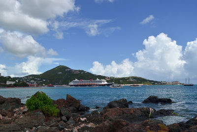 Scenic view of bay against sky