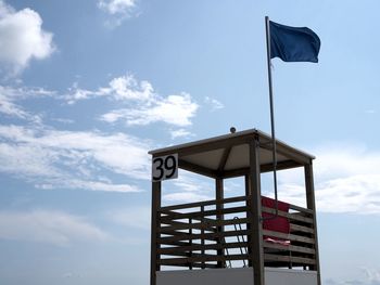 Low angle view of flag against sky