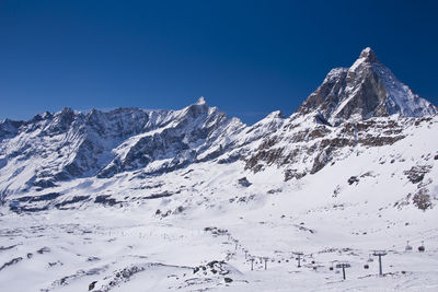 Scenic view of snowcapped mountains against clear blue sky