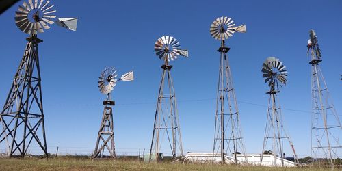 Low angle view of traditional windmill on field against clear sky