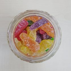 High angle view of dessert in glass on table