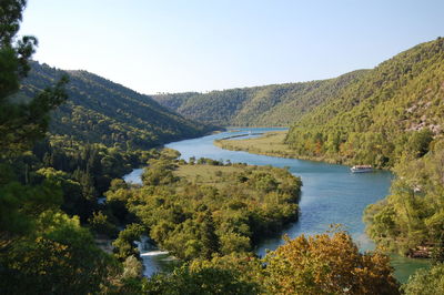 Scenic view of river amidst trees against sky