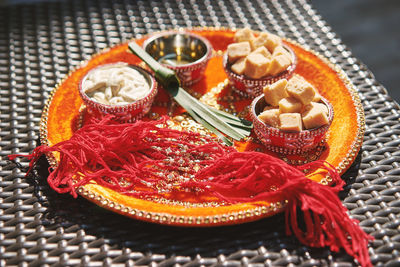 High angle view of breakfast on table