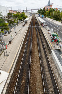 High angle view of railroad tracks in city