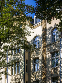 Low angle view of trees and buildings against sky