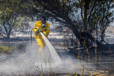 Fire hydrant against trees in forest