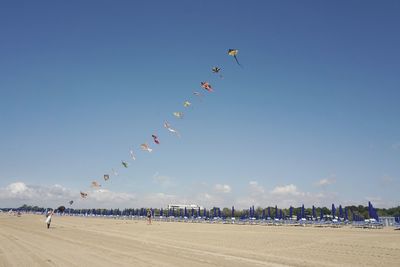 Kites flying at beach against sky