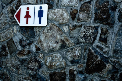 Low angle view of restroom sign on stone wall