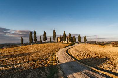 Panoramic view of road amidst field against sky