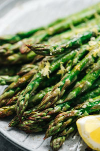Closeup of lemon garlic asparagus tips