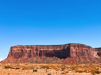 Rock formations on mountain against clear blue sky