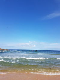 Scenic view of beach against blue sky